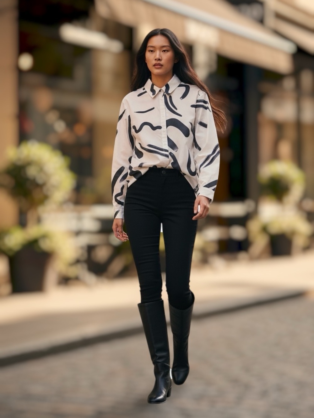 Women's abstract print button-down long-sleeved shirt. Size S